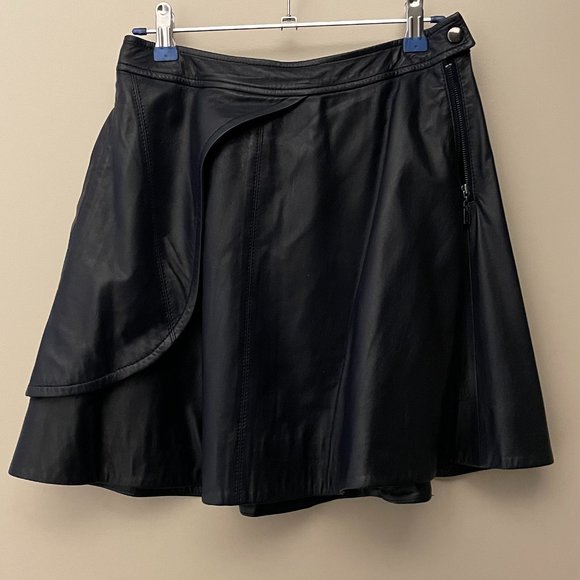 ICB Navy Flare Casual Side Zipper Genuine Sheepskin Leather Mini Skirt - Picture 1 of 5